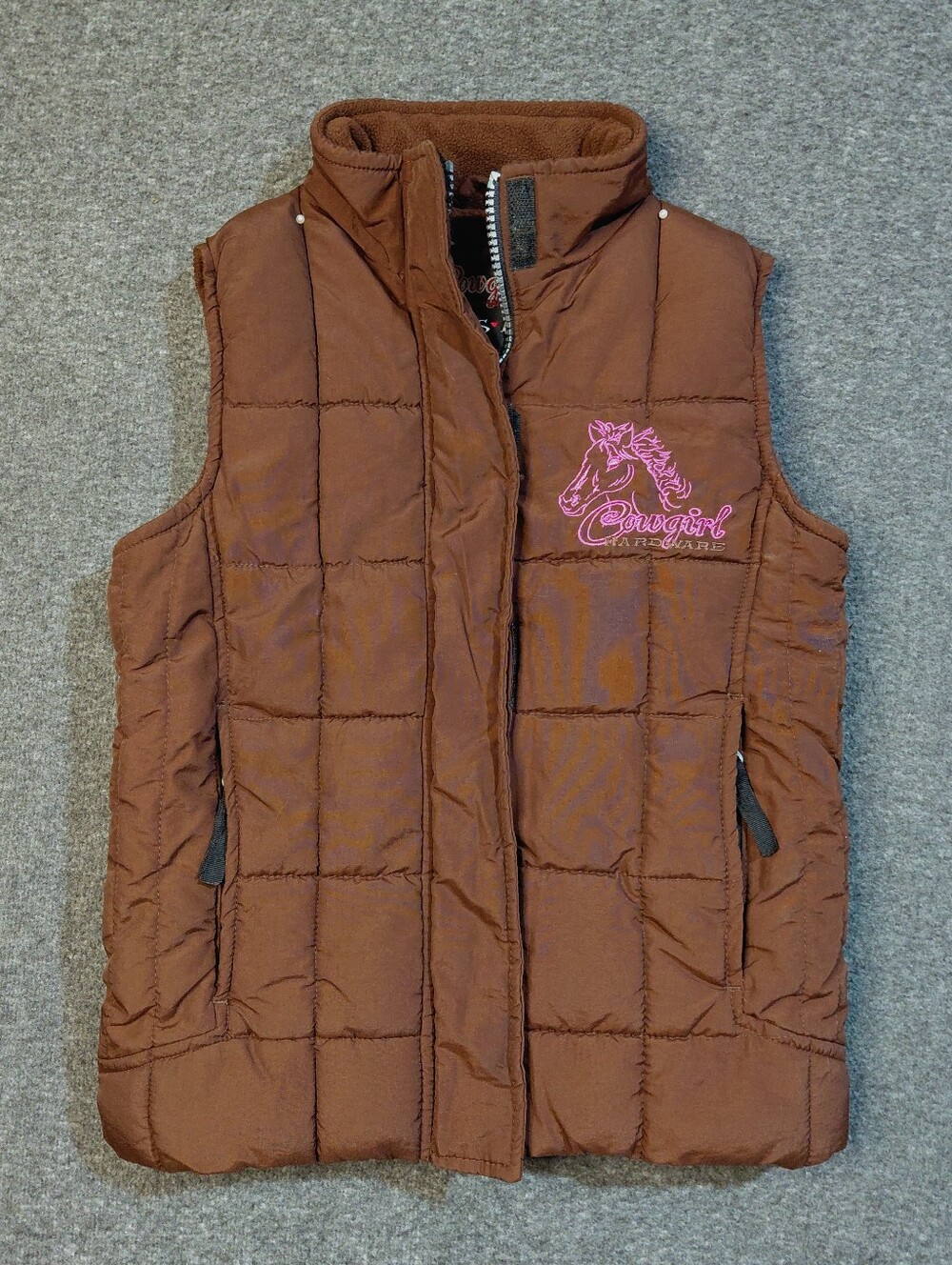 Cowgirl Hardware Girls' Brown Quilted Puffer Vest Pink Horse Sz S